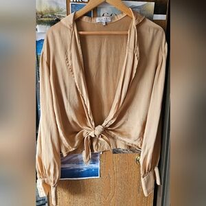Tan Long Sleeve Tie Front Blouse